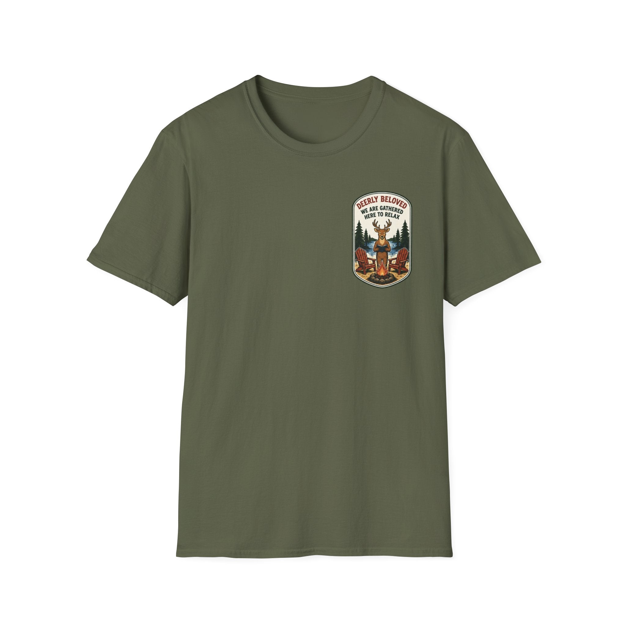 Deerly Beloved We Are Gathered Here to Relax Graphic Badge Tee