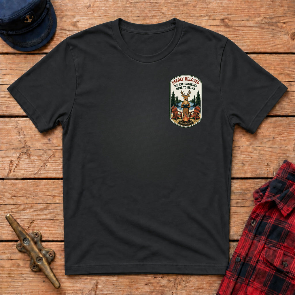 Deerly Beloved We Are Gathered Here to Relax Graphic Badge Tee