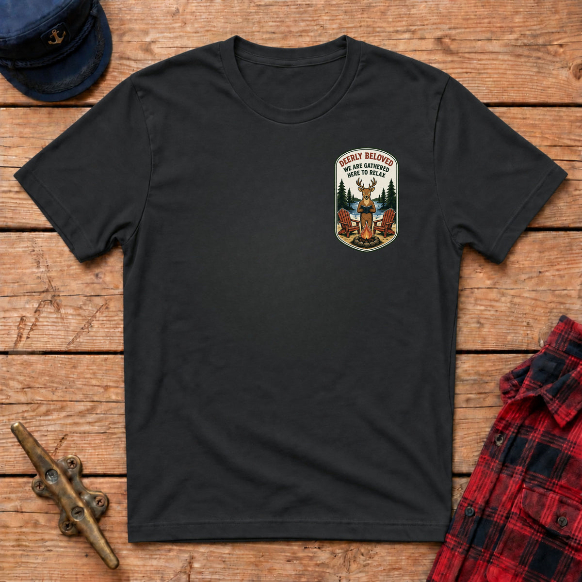 Deerly Beloved We Are Gathered Here to Relax Graphic Badge Tee