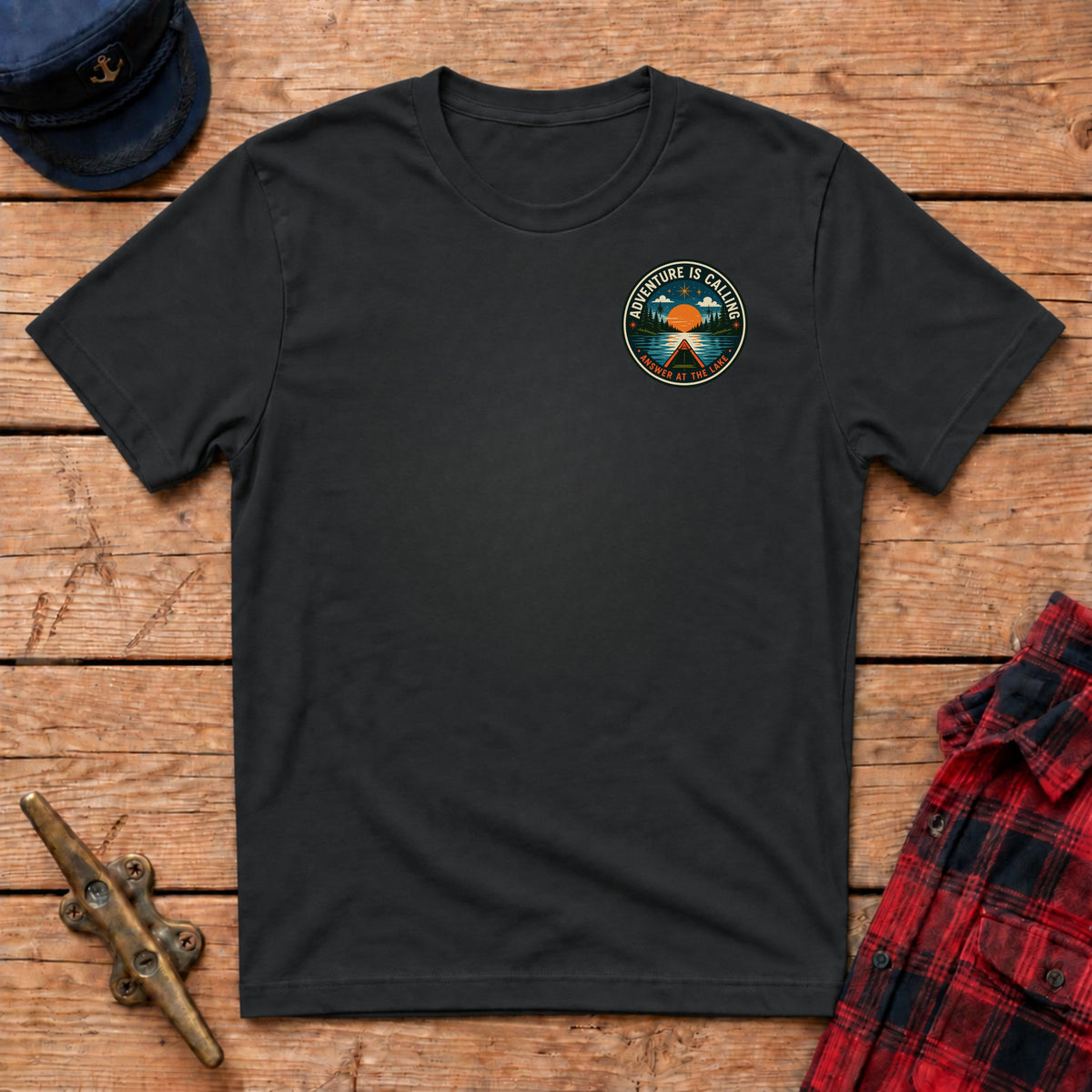 Adventure Is Calling Answer At The Lake Graphic Badge Tee