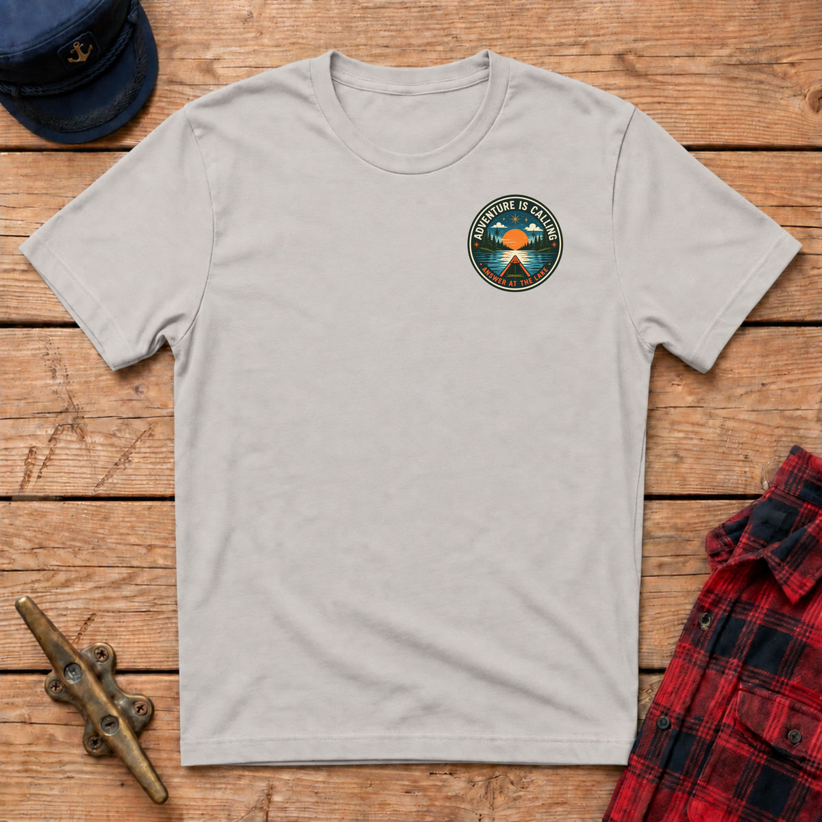 Adventure Is Calling Answer At The Lake Graphic Badge Tee