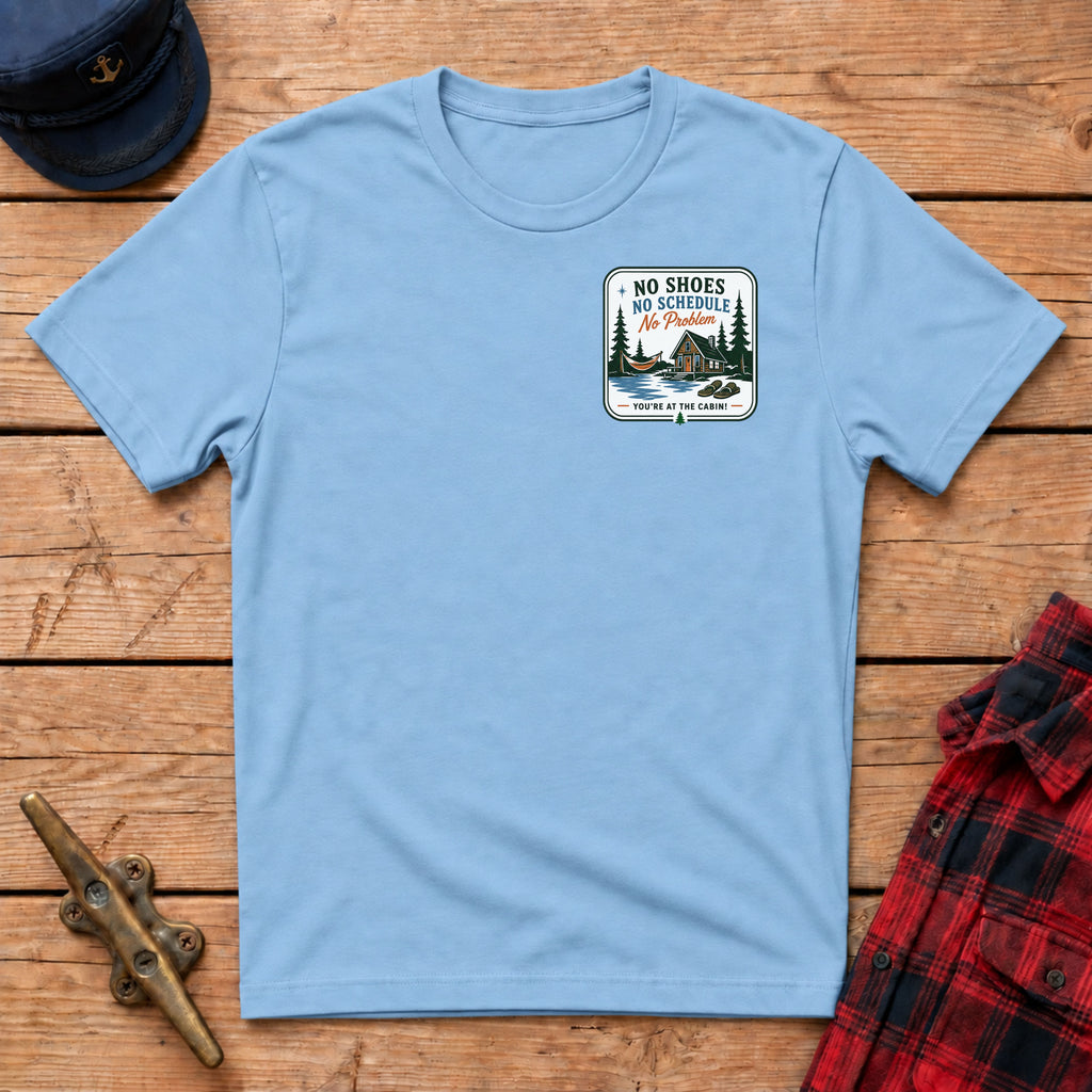 No Shoes, No Schedule, No Problems Graphic Badge Tee