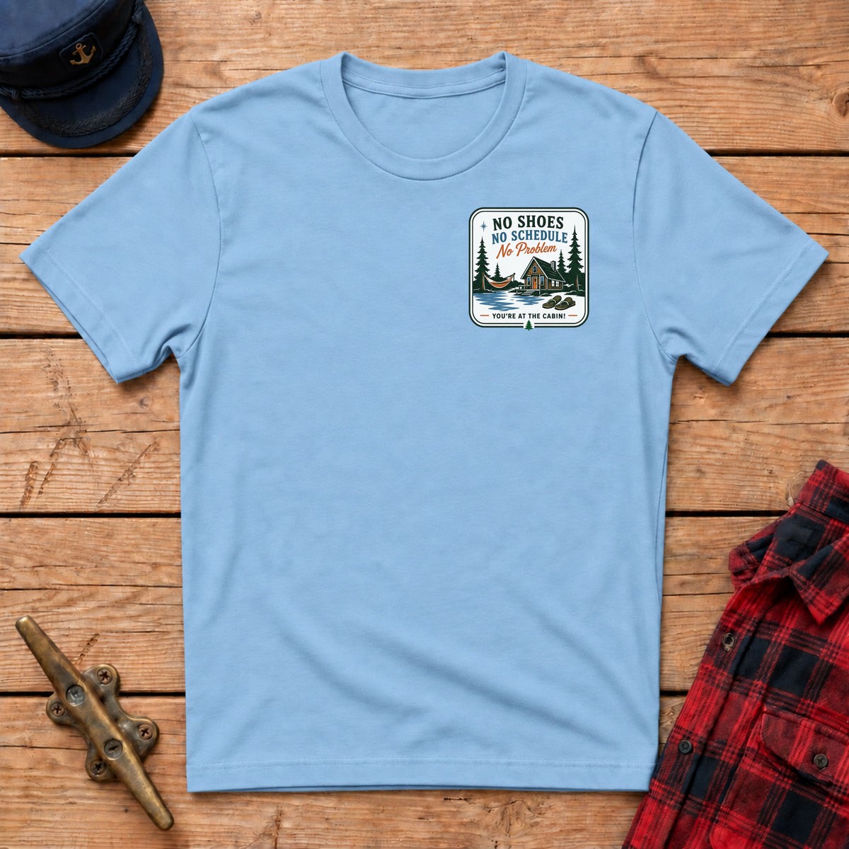 No Shoes, No Schedule, No Problems Graphic Badge Tee