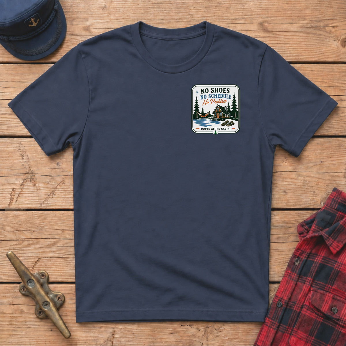 No Shoes, No Schedule, No Problems Graphic Badge Tee