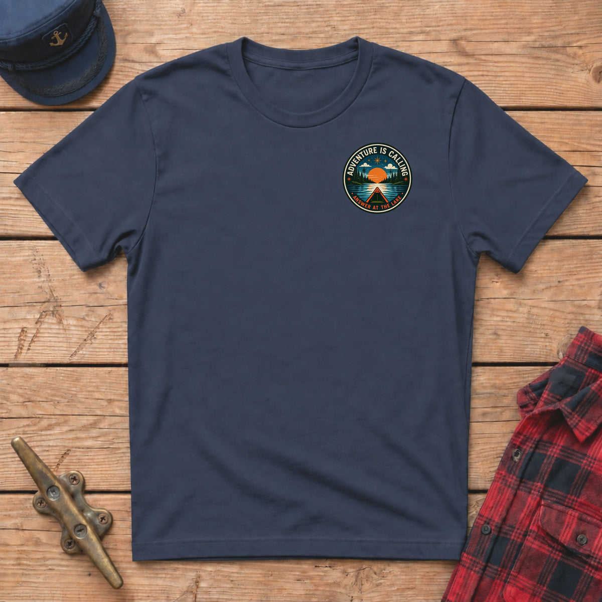 Adventure Is Calling Answer At The Lake Graphic Badge Tee