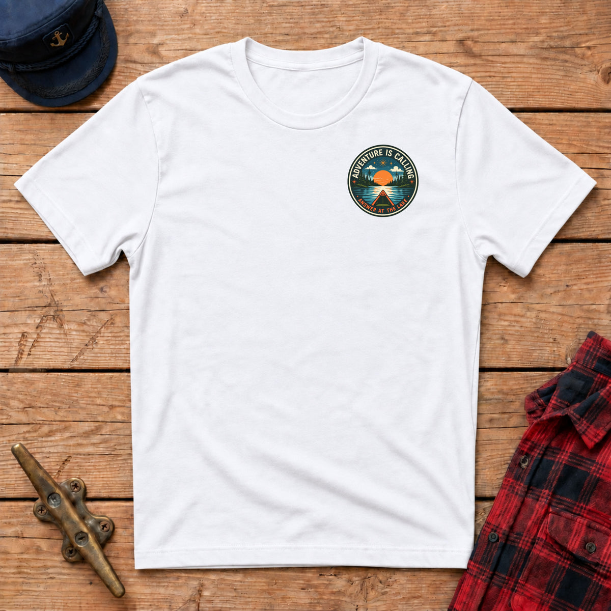 Adventure Is Calling Answer At The Lake Graphic Badge Tee
