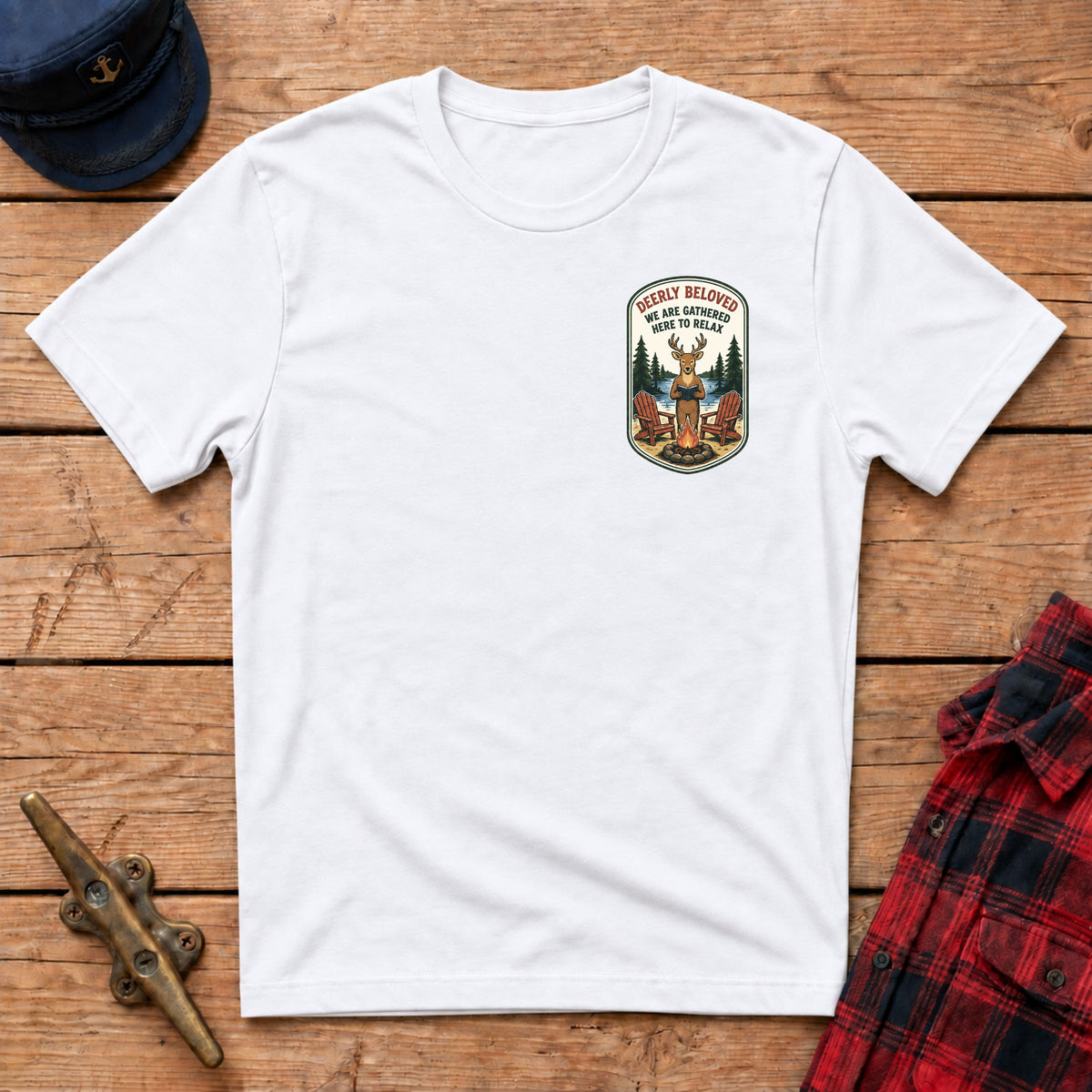 Deerly Beloved We Are Gathered Here to Relax Graphic Badge Tee