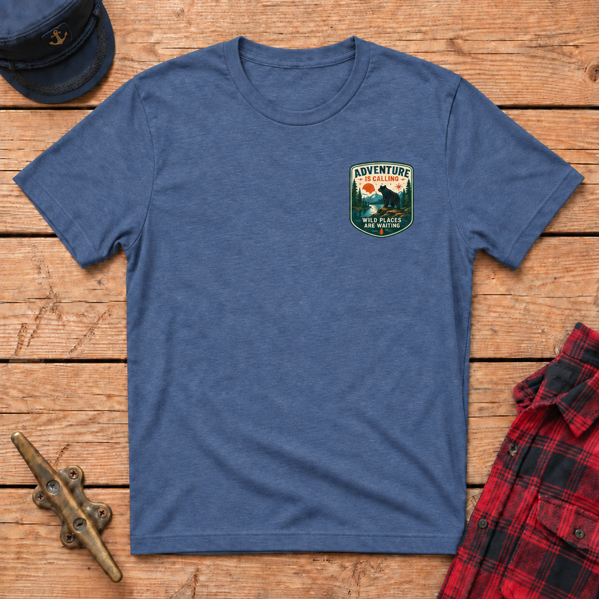 Adventure Is Calling badge tee in Heather Indigo