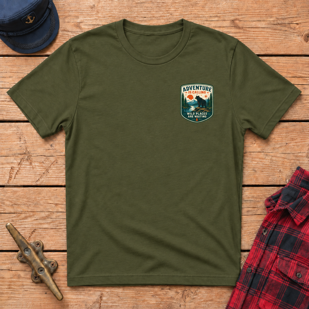 Adventure Is Calling badge tee in Military Green